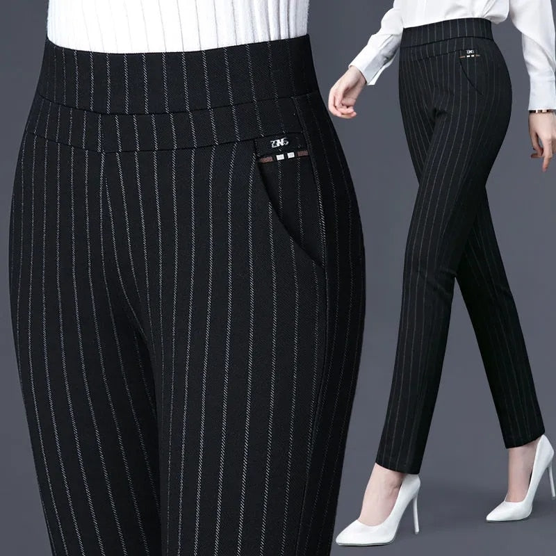 For Middle Aged Women, Elastic Waist Casual Straight Pants, for Spring and Autum / Female Trousers / Lady Stripe Pencil Pants / Black Pants