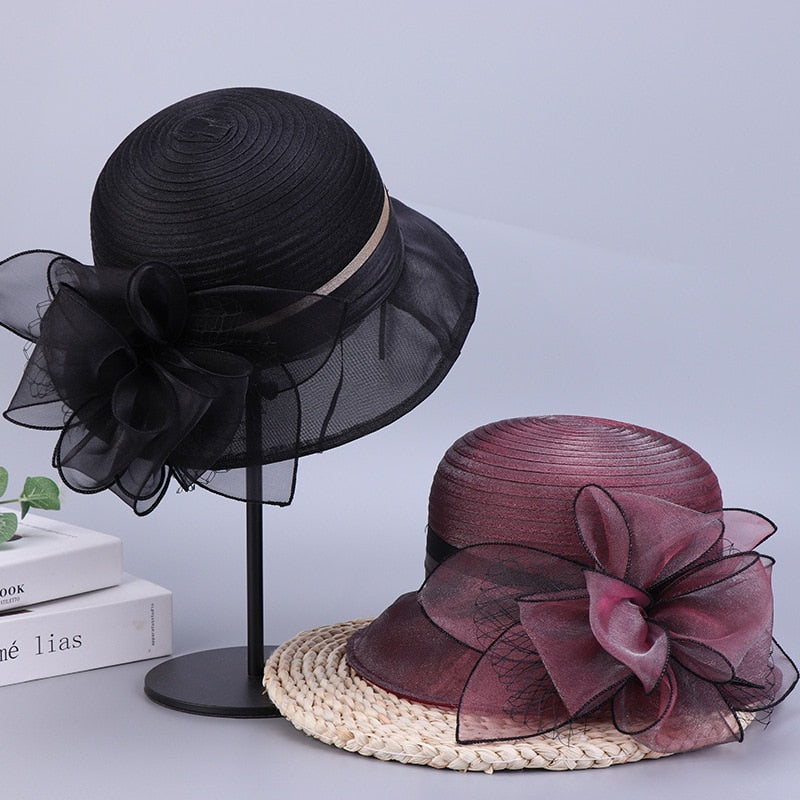 New Fashion Ladies Fascinators Millinery Church Hat Elegant Bow Wide Brim Bucket Hats Kentucky Derby Fedora Women Summer Sun Cap