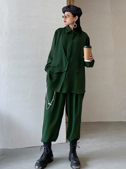 Two-piece suit, with wide-leg pants, signature irregular pleated loose blouse