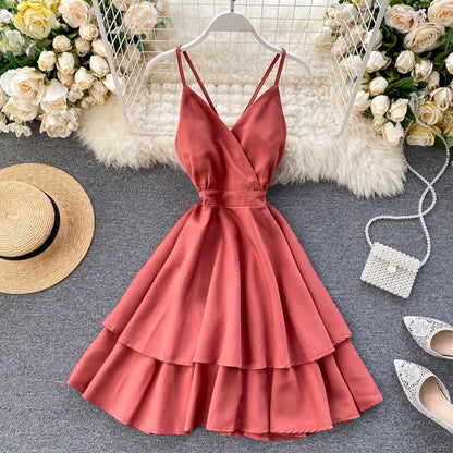 FMFSSOM Summer Spring Beach Holiday V-Neck Backless Lace Up Ruffles Cakes Solid Elegant Women Lady A-line High Waist Dress