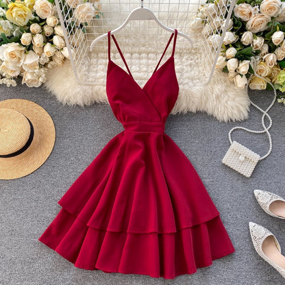 FMFSSOM Summer Spring Beach Holiday V-Neck Backless Lace Up Ruffles Cakes Solid Elegant Women Lady A-line High Waist Dress