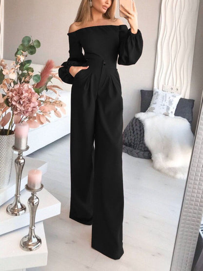 Off-the-shoulder jumpsuit, long sleeves with gathered edges, and a wide leg