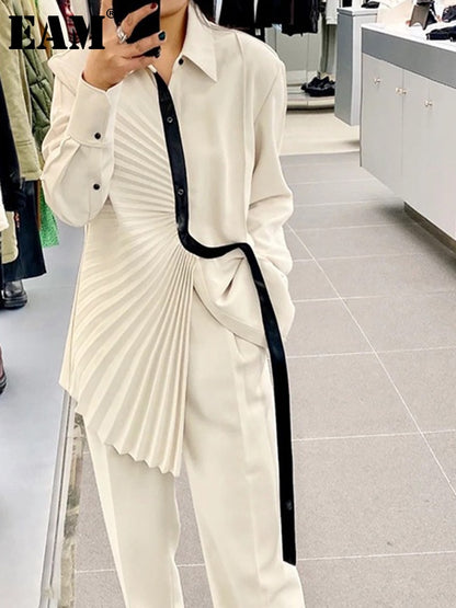 Women's blouse in apricot color, with an irregular fit and front pleatsong Sleeve Loose Fit Shirt Fashion Spring Autumn 2022 1DE8946