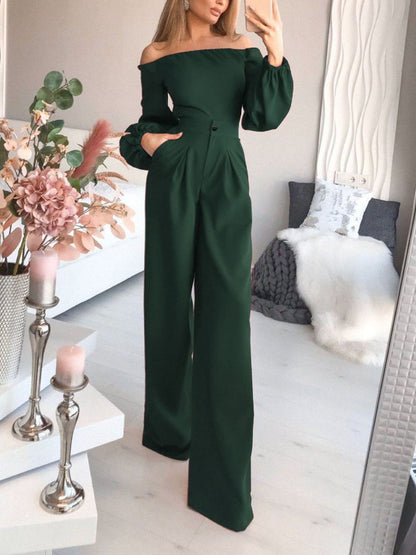 Off-the-shoulder jumpsuit, long sleeves with gathered edges, and a wide leg