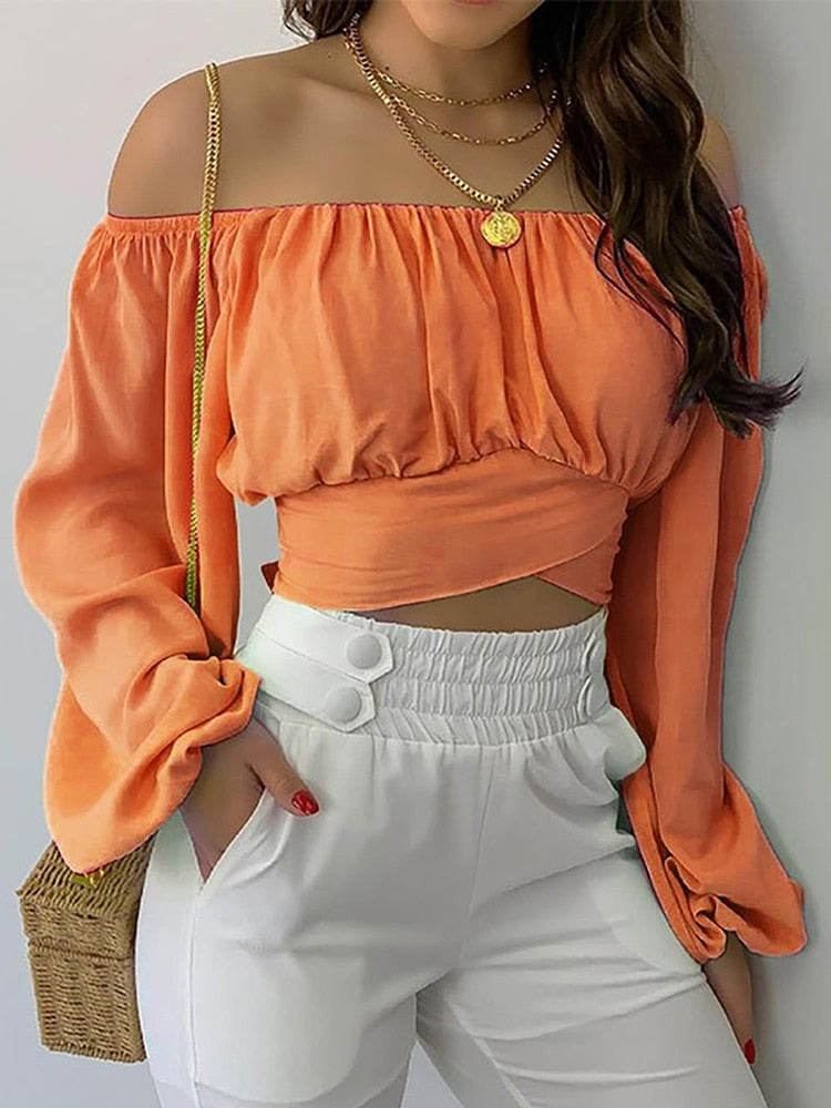 Off Shoulder Casual Blouse, With Long Sleeves.