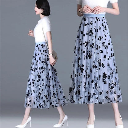 Mesh Floral Skirt for Women / Spring Summer Autumn Long Gauze Skirt High Waisted / Grace Fashion Puff Skirts