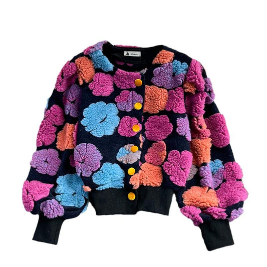 GetSpring Women Woolen Coat Retro Plush Flowers Patchwork new outfits Wool Jacket All Match Short Outwear winter coat for women