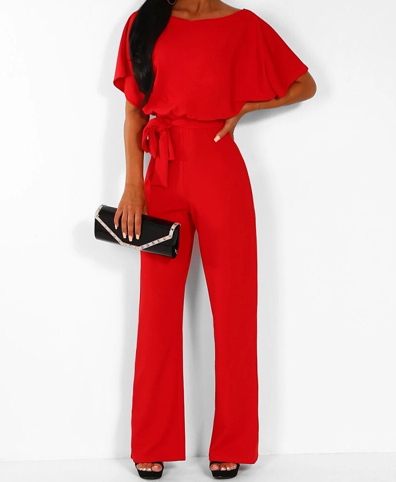 An elegant one-piece jumpsuit with a high waist and short flared sleeves, featured in several colors, with a tie at the waist