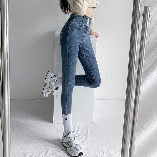 ZOENOVA  Skinny Pencil Jeans with Four Buttons High Waist / Slim Stretched Denim for women/ Pants / Tight Trousers / Women Pants