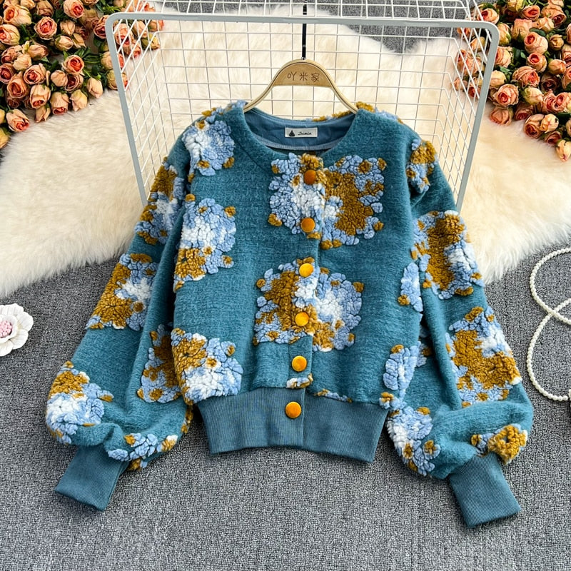 GetSpring Women Woolen Coat Retro Plush Flowers Patchwork new outfits Wool Jacket All Match Short Outwear winter coat for women