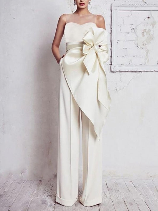 Off White Jumpsuit With Lotus Wrap Belt / Elegant Long Jumpsuit for evenings.