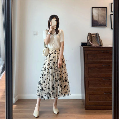 Mesh Floral Skirt for Women / Spring Summer Autumn Long Gauze Skirt High Waisted / Grace Fashion Puff Skirts