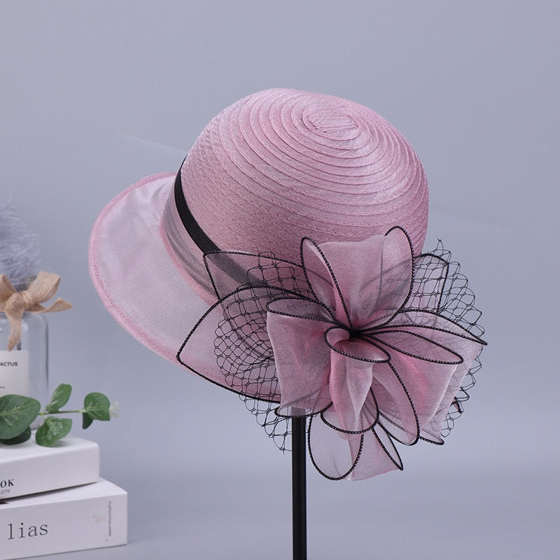 New Fashion Ladies Fascinators Millinery Church Hat Elegant Bow Wide Brim Bucket Hats Kentucky Derby Fedora Women Summer Sun Cap