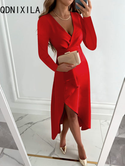 Maxi Dress Women Fashion Sexy Deep V-neck, Long Sleeve Folds / Casual Dresses / Party Dress / Big Hem Split Woman Spring Summer 2023