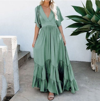 Loose maxi dress with ruffle hem, suitable for daily and beach wear.