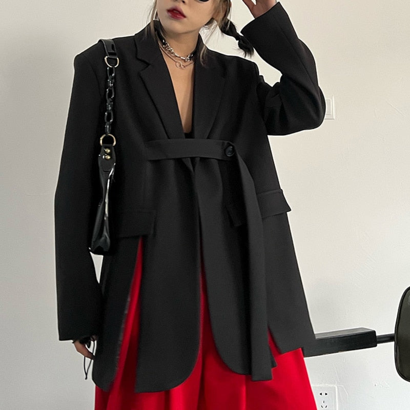 [EAM]  Women Gray Ribbon Slit Big Size Blazer New Lapel Long Sleeve Loose Fit Jacket Fashion Tide Spring Autumn 2022 1DE8957