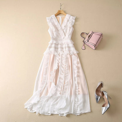 V-Neck Dress with Ruffles Out Lace.