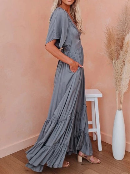 Loose maxi dress with ruffle hem, suitable for daily and beach wear.