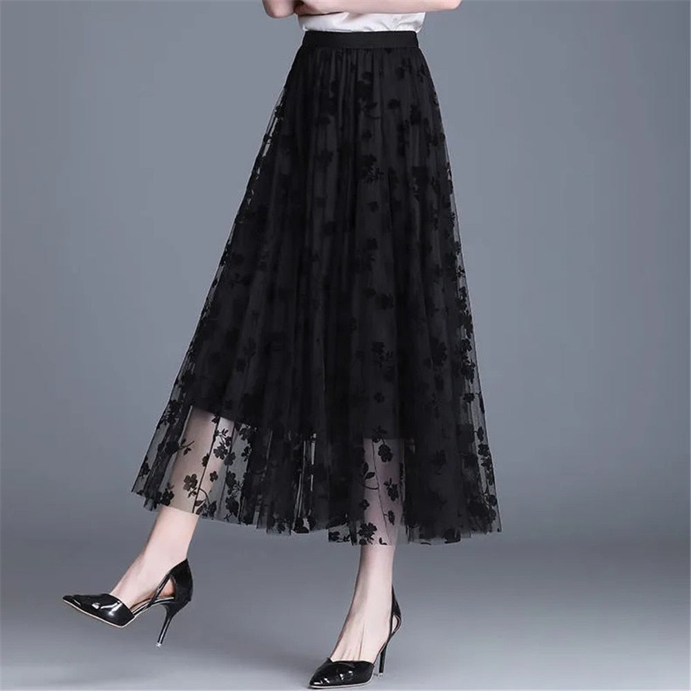 Mesh Floral Skirt for Women / Spring Summer Autumn Long Gauze Skirt High Waisted / Grace Fashion Puff Skirts