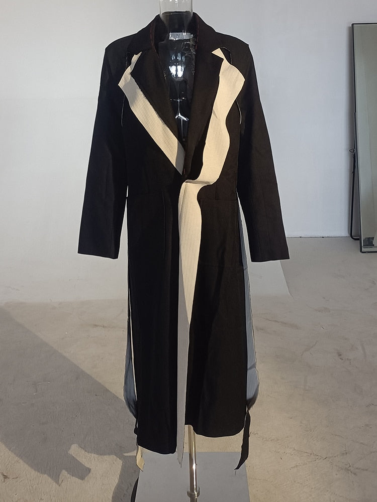 [EAM] Women Black Topstitched Long Big Size Trench New Lapel Long Sleeve Loose Windbreaker Fashion Spring Autumn 2022 1W51909