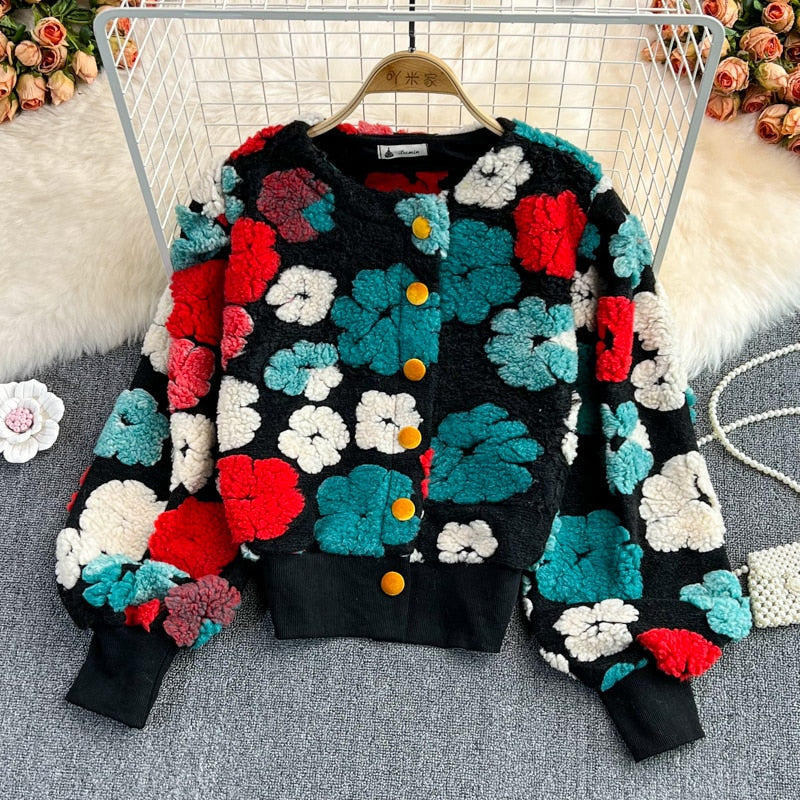 GetSpring Women Woolen Coat Retro Plush Flowers Patchwork new outfits Wool Jacket All Match Short Outwear winter coat for women