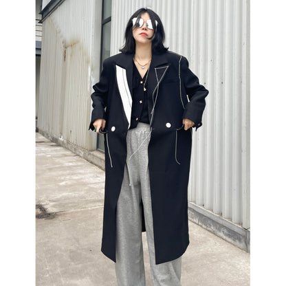 [EAM] Women Khaki Topstitched Big Size Long Trench New Lapel Long Sleeve Windbreaker Fashion Tide Spring Autumn 2022 20A35040