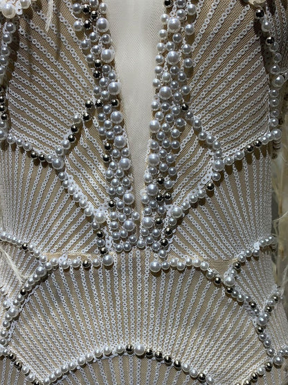 Embroidered evening dress, with feathers.