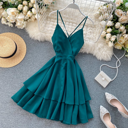 FMFSSOM Summer Spring Beach Holiday V-Neck Backless Lace Up Ruffles Cakes Solid Elegant Women Lady A-line High Waist Dress