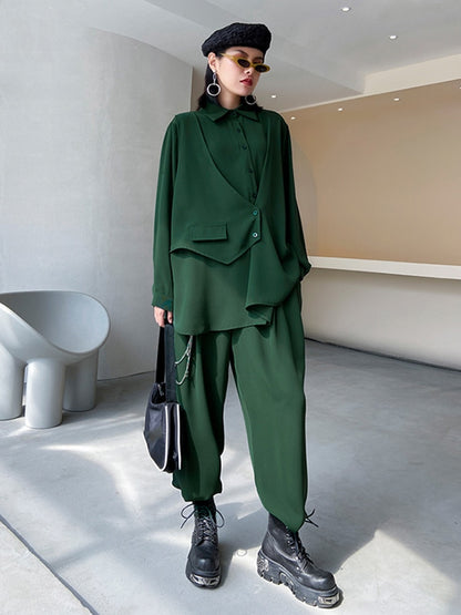 Two-piece suit, with wide-leg pants, signature irregular pleated loose blouse