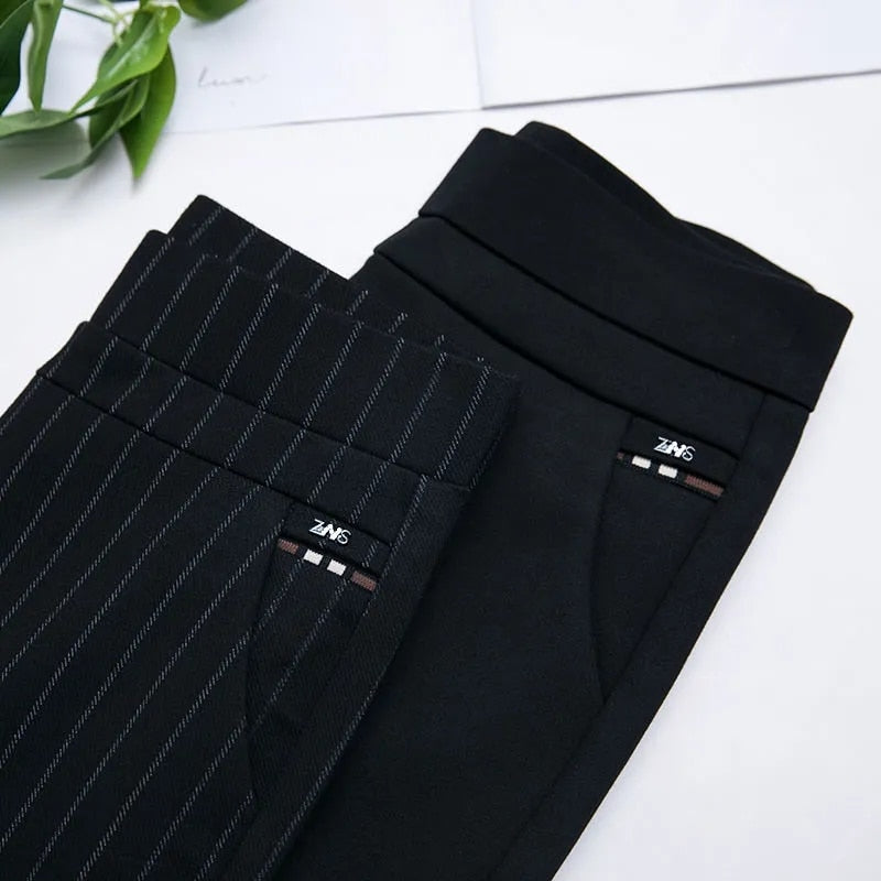 For Middle Aged Women, Elastic Waist Casual Straight Pants, for Spring and Autum / Female Trousers / Lady Stripe Pencil Pants / Black Pants