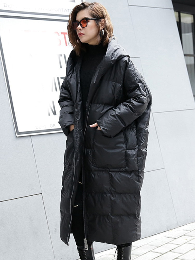 [EAM] 2022 New Winter Hooded Long Sleeve Solid Color Black Cotton-padded Warm Loose Big Size Jacket Women parkas Fashion JD12101