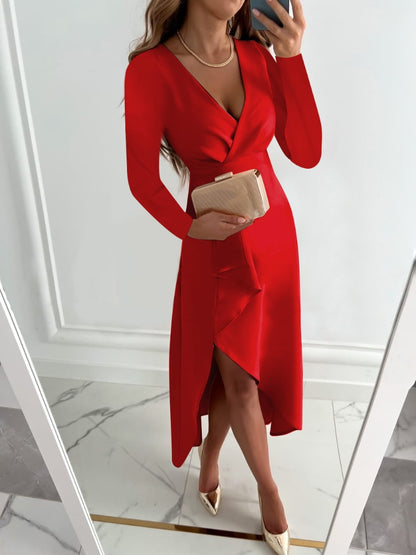 Maxi Dress Women Fashion Sexy Deep V-neck, Long Sleeve Folds / Casual Dresses / Party Dress / Big Hem Split Woman Spring Summer 2023