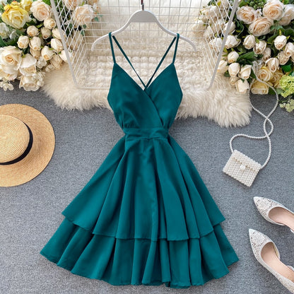 FMFSSOM Summer Spring Beach Holiday V-Neck Backless Lace Up Ruffles Cakes Solid Elegant Women Lady A-line High Waist Dress