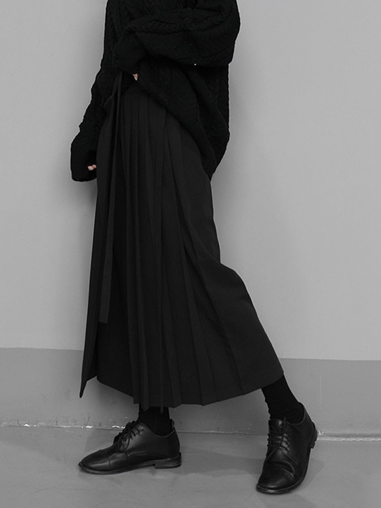 [EAM] High Elastic Waist Black Pleated Split Wide Leg Trousers New Loose Fit Pants Women Fashion Tide Spring Autumn 2022 1N666