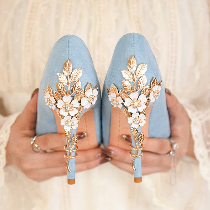 High-quality Wedding Shoes with Metal Flowers Designs on the back heels.