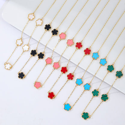 Natural Stone / Colorful Five-leaf Flower Necklace, Bracelet / Two Sets of Luxury Stainless Steel Jewelry / Women's Birthday Gift