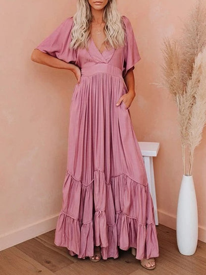 Loose maxi dress with ruffle hem, suitable for daily and beach wear.