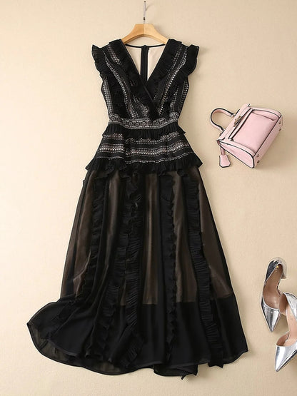 V-Neck Dress with Ruffles Out Lace.